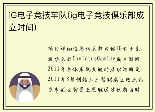 iG电子竞技车队(ig电子竞技俱乐部成立时间)